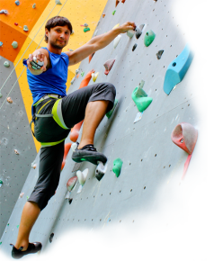 Wrist rehab man on climbing wall, wrist fracture rehab